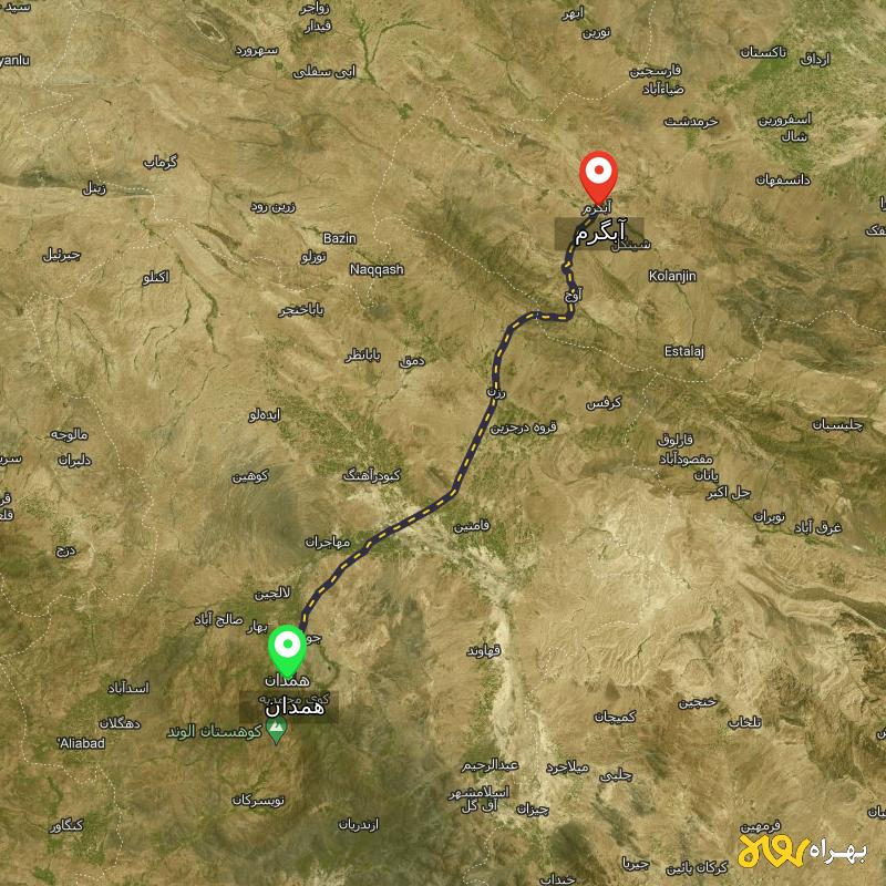مسافت و فاصله آبگرم - قزوین تا همدان - دی ۱۴۰۳