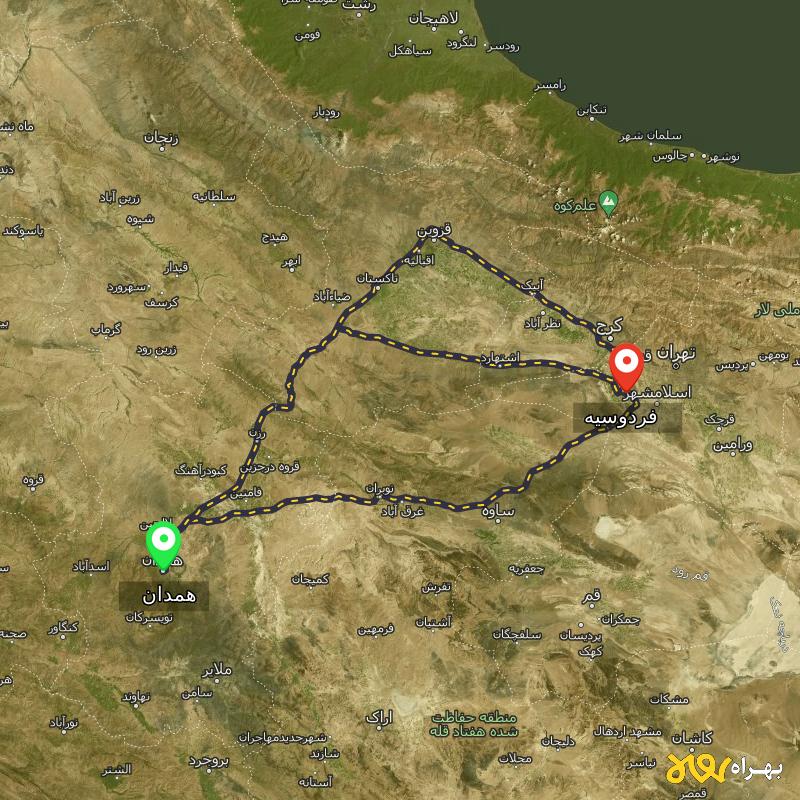 مسافت و فاصله فردوسیه - تهران تا همدان از ۳ مسیر - مرداد ۱۴۰۳
