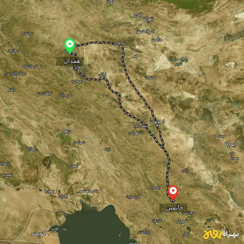 مسافت و فاصله خانمین - فارس تا همدان از ۲ مسیر - شهریور ۱۴۰۳