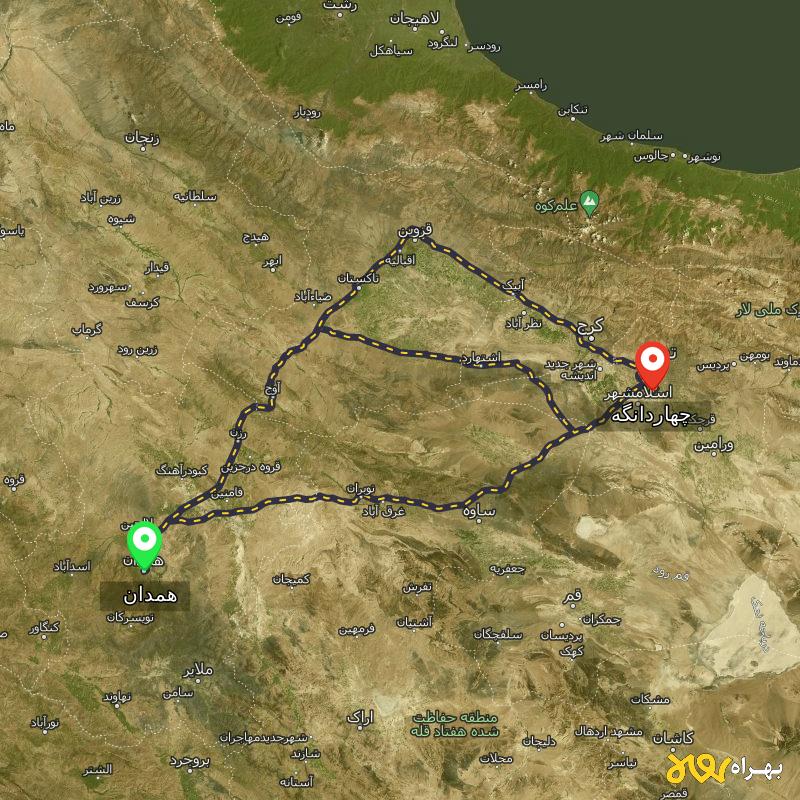 مسافت و فاصله چهاردانگه - تهران تا همدان از ۳ مسیر - دی ۱۴۰۳