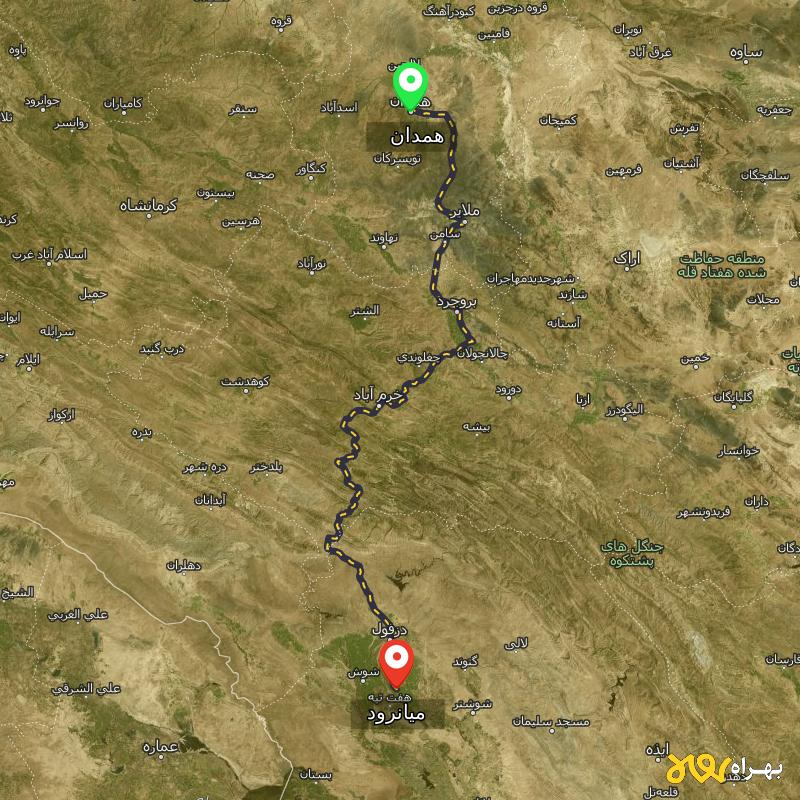 مسافت و فاصله میانرود - خوزستان تا همدان - شهریور ۱۴۰۳