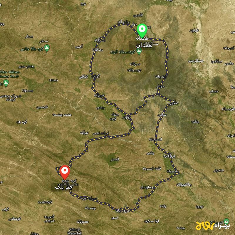 مسافت و فاصله چم پلک - لرستان تا همدان از ۳ مسیر - شهریور ۱۴۰۳