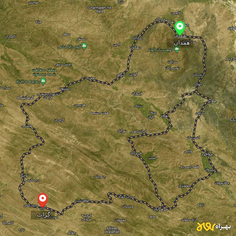 مسافت و فاصله گراب - لرستان تا همدان از ۳ مسیر - شهریور ۱۴۰۳
