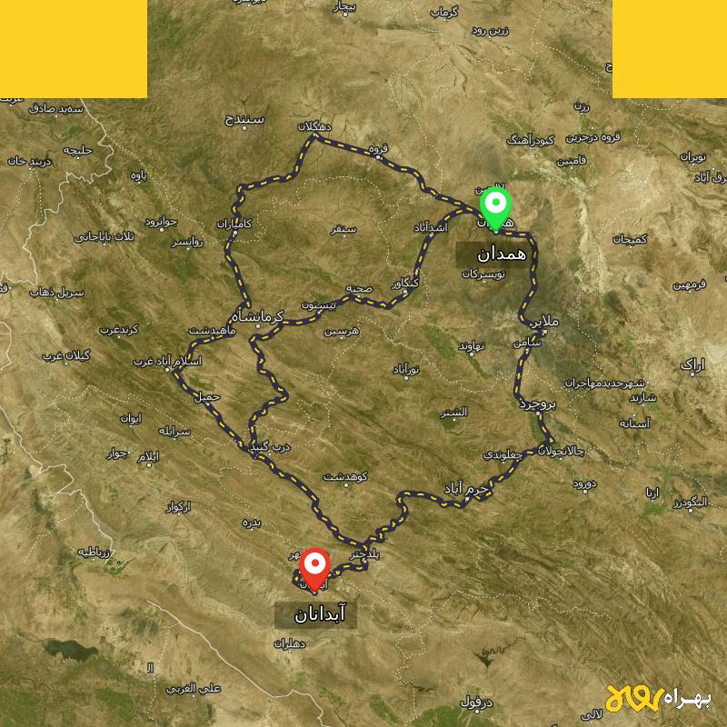 مسافت و فاصله آبدانان - ایلام تا همدان از ۳ مسیر - دی ۱۴۰۳