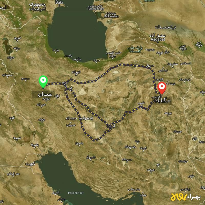 مسافت و فاصله گناباد - خراسان رضوی تا همدان از ۳ مسیر - آذر ۱۴۰۳