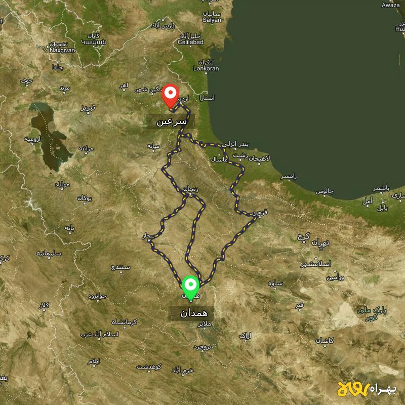 مسافت و فاصله سرعین - اردبیل تا همدان از ۳ مسیر - مرداد ۱۴۰۳