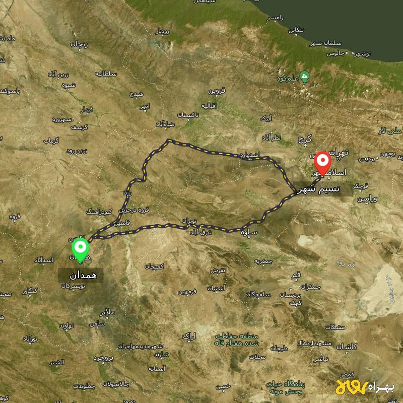 مسافت و فاصله نسیم شهر - تهران تا همدان از ۲ مسیر - مرداد ۱۴۰۳