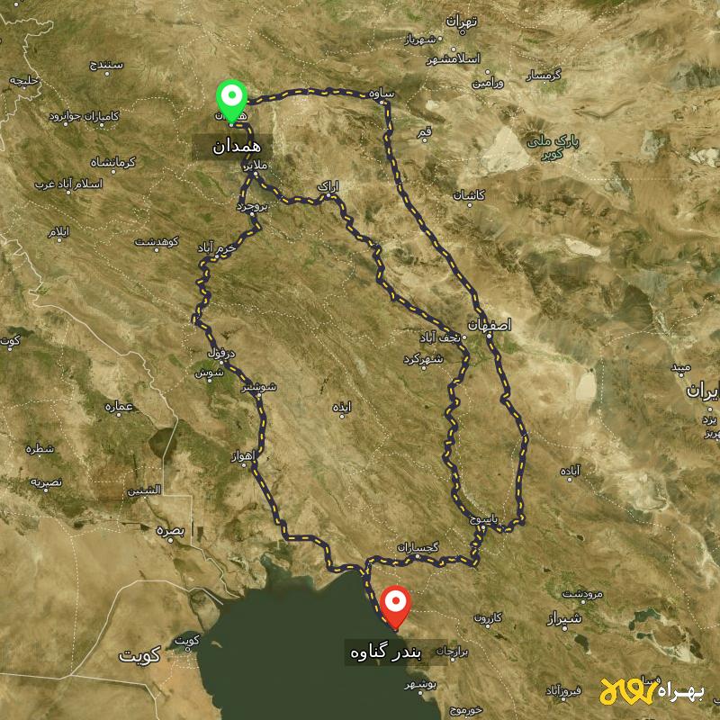 مسافت و فاصله بندر گناوه - بوشهر تا همدان از ۳ مسیر - اردیبهشت ۱۴۰۳