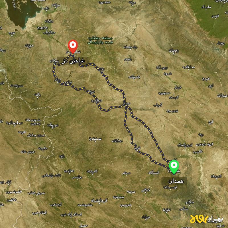 مسافت و فاصله شاهین دژ - آذربایجان غربی تا همدان از ۳ مسیر - دی ۱۴۰۳