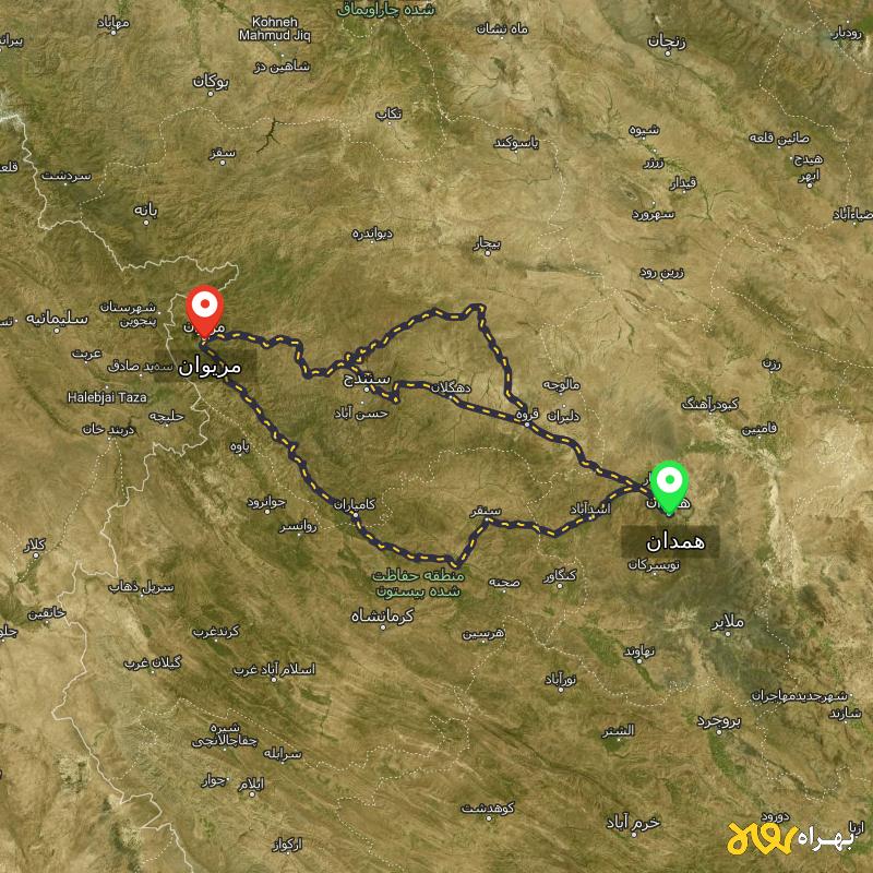 مسافت و فاصله مریوان - کردستان تا همدان از 3 مسیر - مسیریاب بهراه