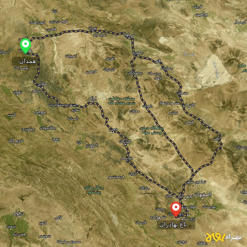 مسافت و فاصله باغ بهادران - اصفهان تا همدان از ۳ مسیر - آذر ۱۴۰۳
