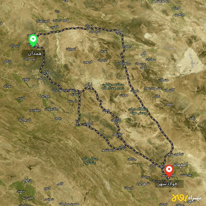 مسافت و فاصله فولادشهر - اصفهان تا همدان از ۳ مسیر - آذر ۱۴۰۳
