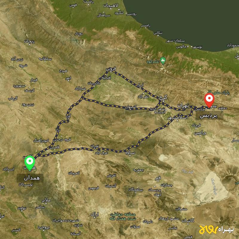 مسافت و فاصله پردیس - تهران تا همدان از ۳ مسیر - مهر ۱۴۰۳