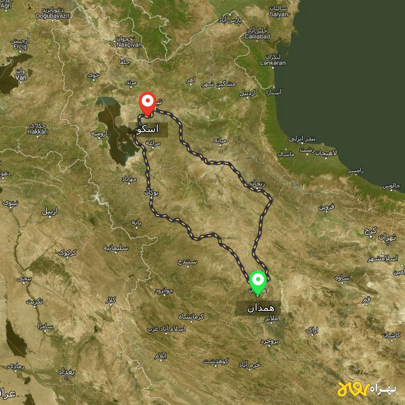 مسافت و فاصله اسکو - آذربایجان شرقی تا همدان از ۲ مسیر - مرداد ۱۴۰۳