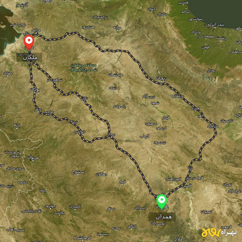 مسافت و فاصله ملکان - آذربایجان شرقی تا همدان از ۳ مسیر - مرداد ۱۴۰۳