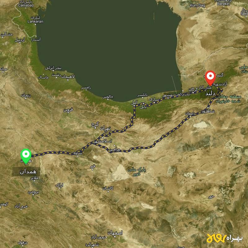 مسافت و فاصله دلند - گلستان تا همدان از ۲ مسیر - دی ۱۴۰۳