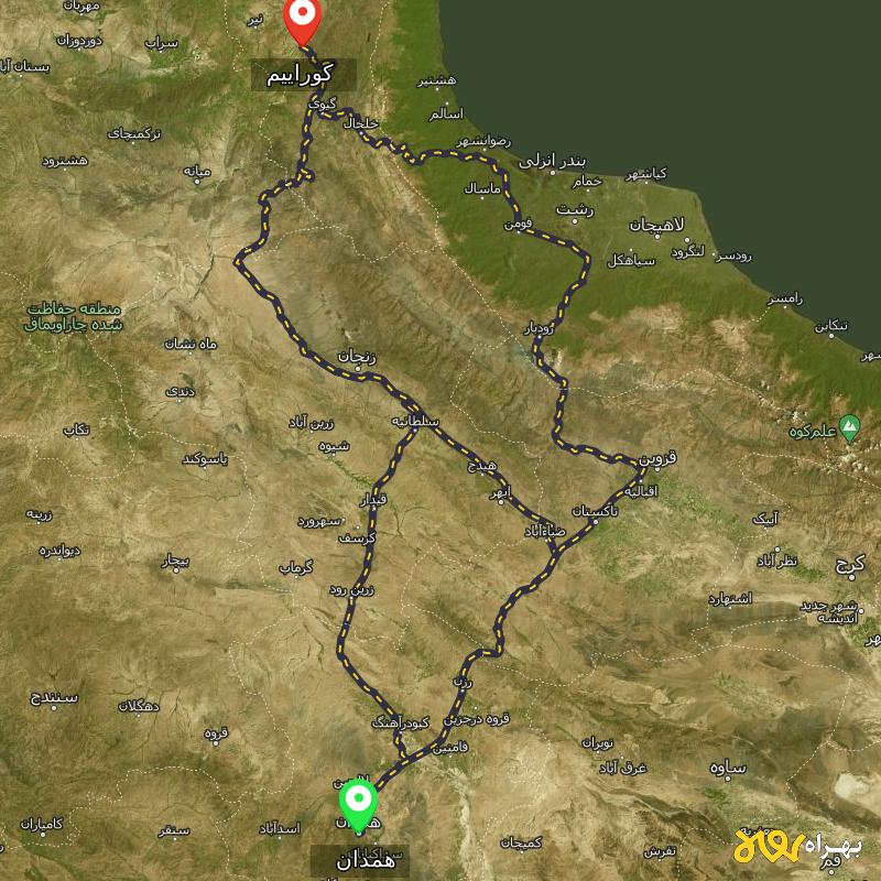 مسافت و فاصله کوراییم - اردبیل تا همدان از ۳ مسیر - آذر ۱۴۰۳