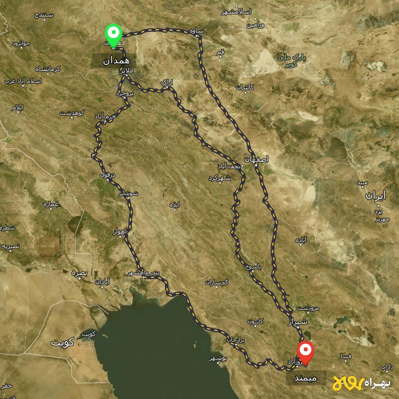 مسافت و فاصله میمند - فارس تا همدان از ۳ مسیر - آذر ۱۴۰۳