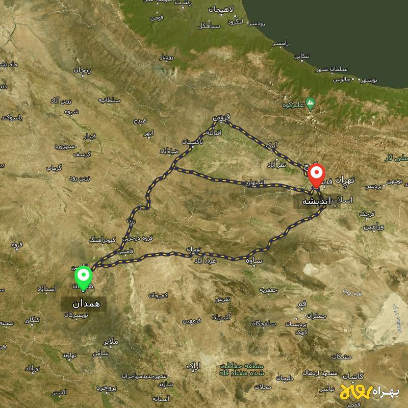 مسافت و فاصله اندیشه تا همدان از ۳ مسیر - بهمن ۱۴۰۳