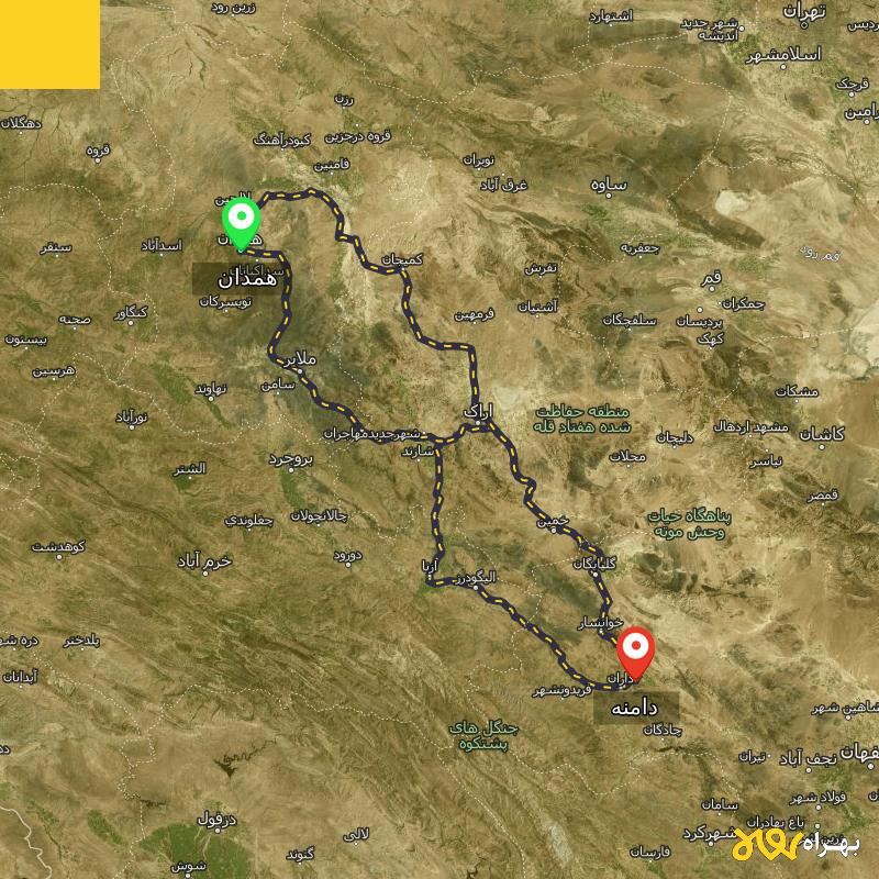 مسافت و فاصله دامنه - اصفهان تا همدان از ۳ مسیر - دی ۱۴۰۳