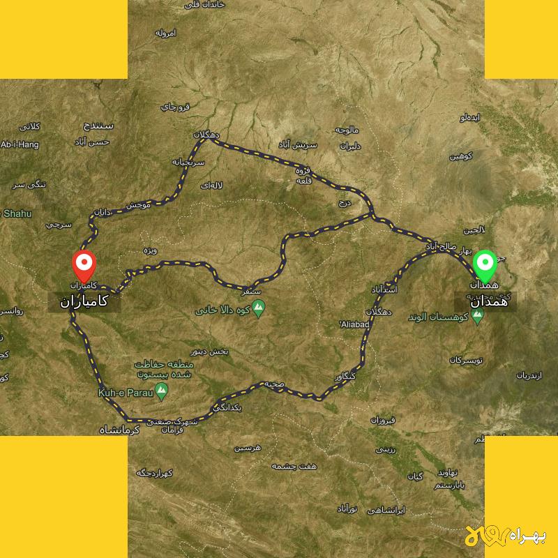 مسافت و فاصله کامیاران - کردستان تا همدان از ۳ مسیر - اردیبهشت ۱۴۰۳