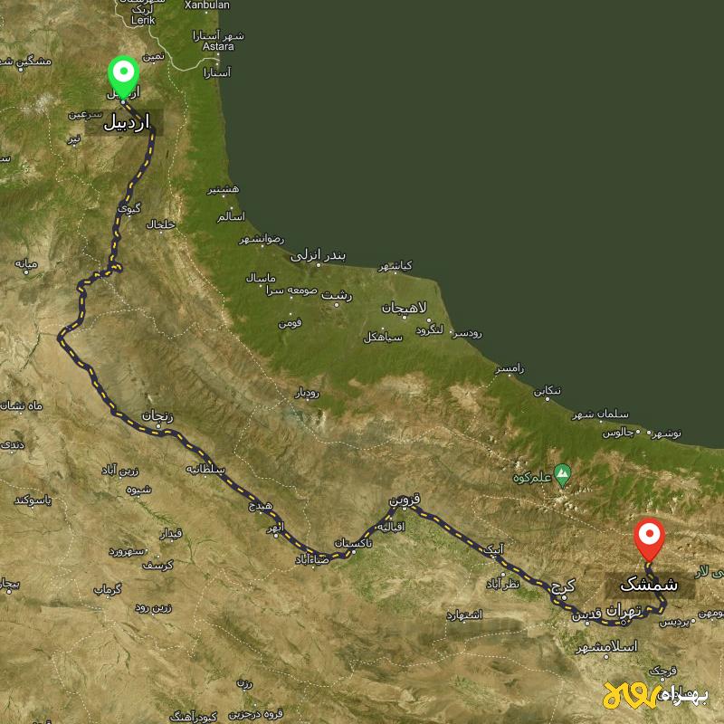 مسافت و فاصله شمشک - تهران تا اردبیل - آذر ۱۴۰۳
