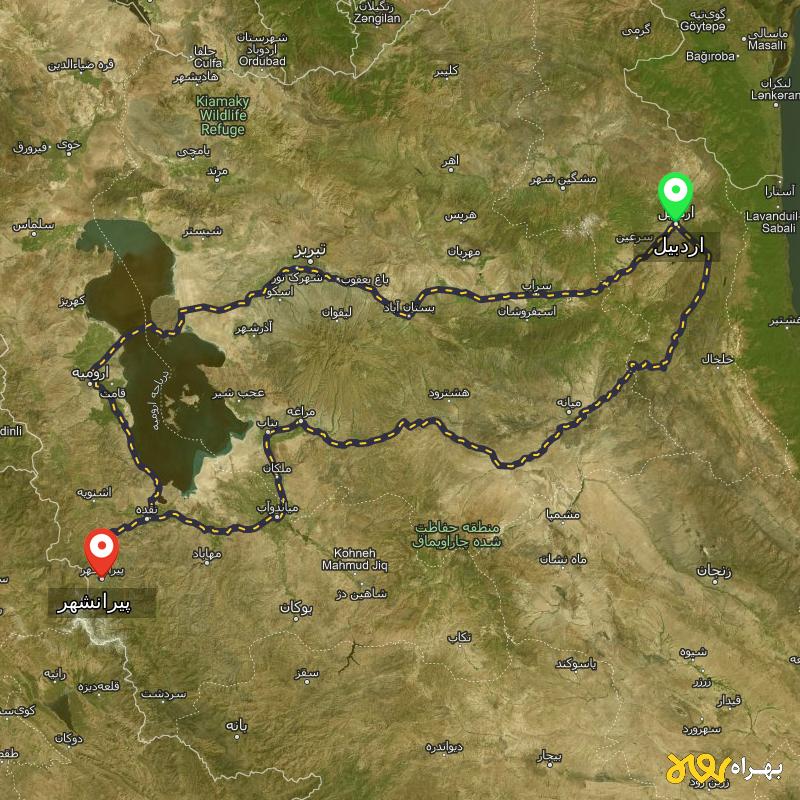 مسافت و فاصله پیرانشهر - آذربایجان غربی تا اردبیل از ۲ مسیر - اردیبهشت ۱۴۰۳