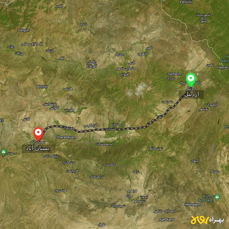 مسافت و فاصله بستان آباد - آذربایجان شرقی تا اردبیل - مسیریاب بهراه