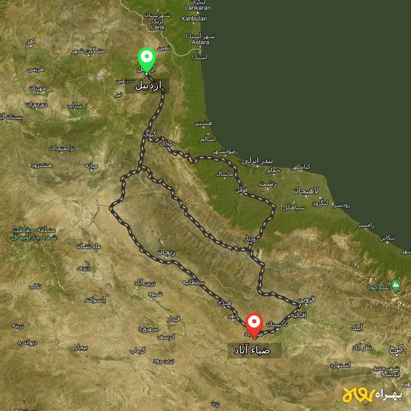 مسافت و فاصله ضیاء آباد - قزوین تا اردبیل از ۳ مسیر - مرداد ۱۴۰۳