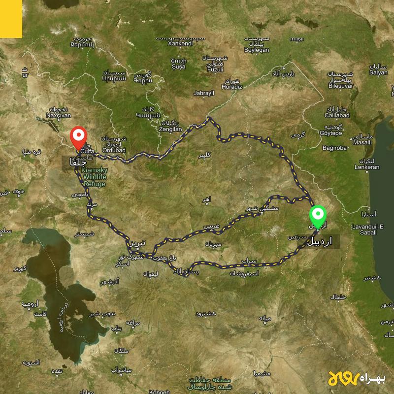 مسافت و فاصله جلفا - آذربایجان شرقی تا اردبیل از ۳ مسیر - مرداد ۱۴۰۳