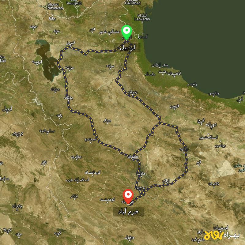 مسافت و فاصله خرم آباد تا اردبیل از ۳ مسیر - مرداد ۱۴۰۳