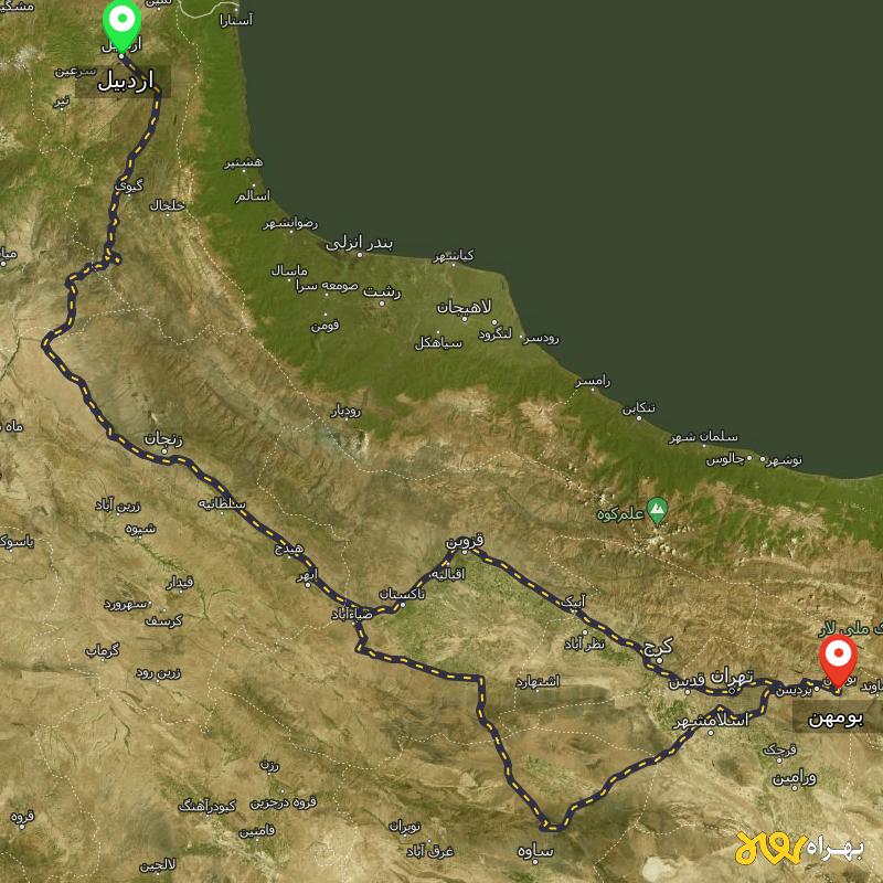 مسافت و فاصله بومهن - تهران تا اردبیل از ۲ مسیر - مرداد ۱۴۰۳