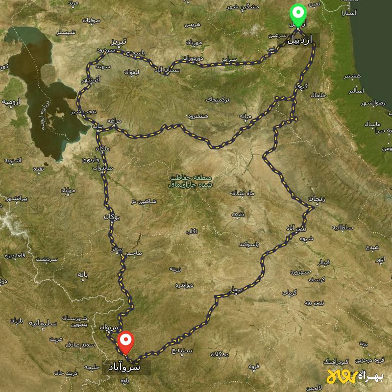 مسافت و فاصله سروآباد - کردستان تا اردبیل از ۳ مسیر - بهمن ۱۴۰۳