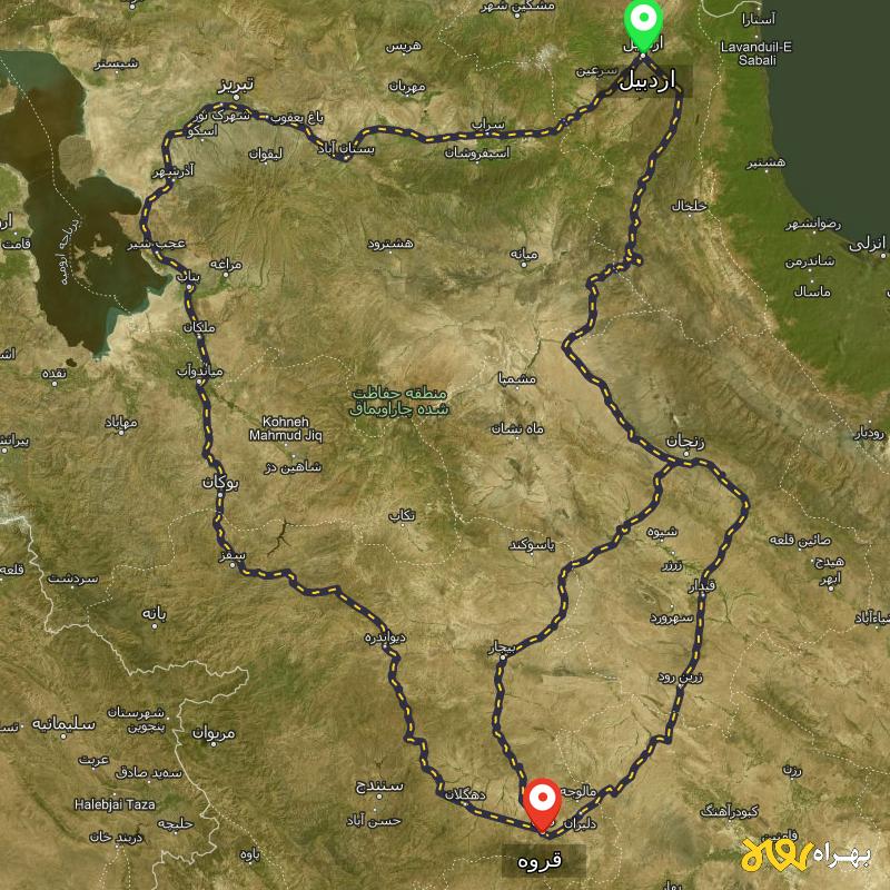 مسافت و فاصله قروه - کردستان تا اردبیل از ۳ مسیر - اردیبهشت ۱۴۰۳