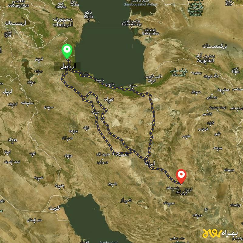 مسافت و فاصله زرند - کرمان تا اردبیل از ۳ مسیر - مرداد ۱۴۰۳