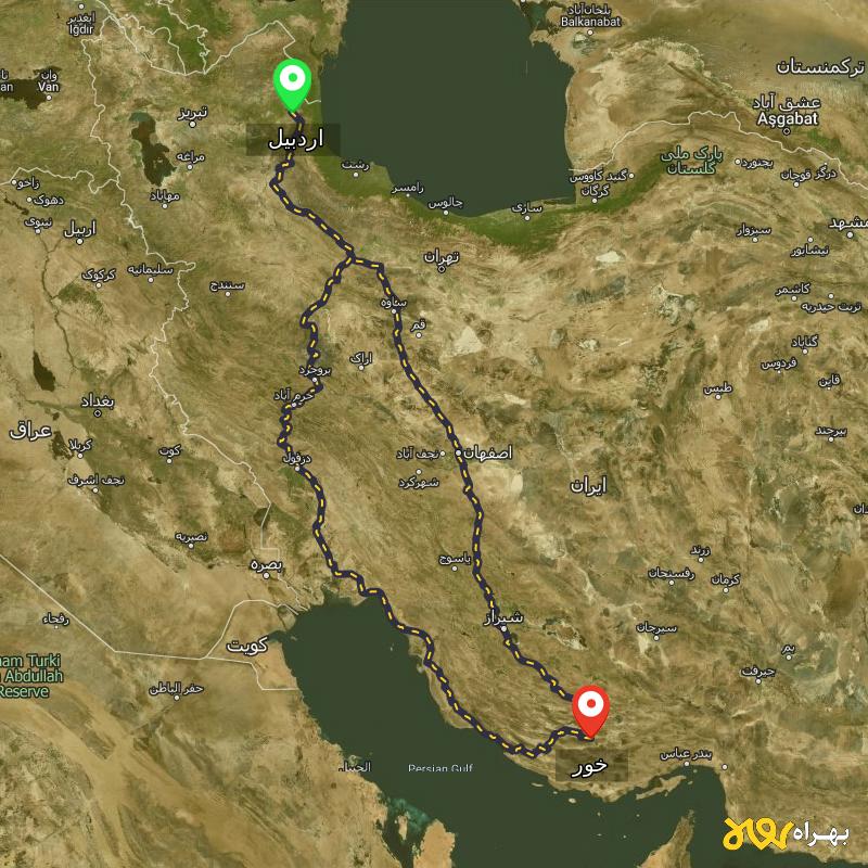 مسافت و فاصله خور - فارس تا اردبیل از ۲ مسیر - تیر ۱۴۰۴