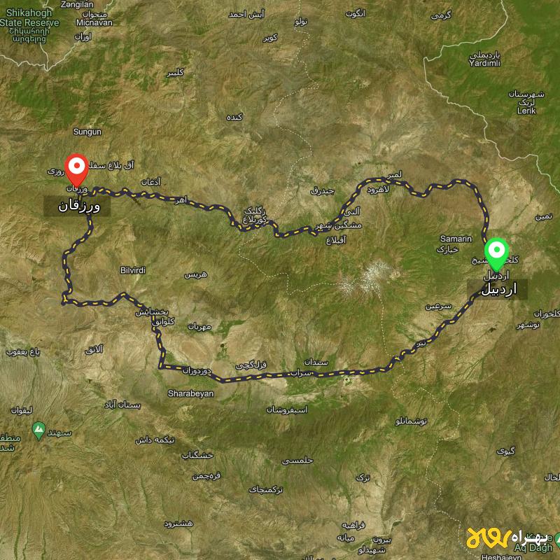 مسافت و فاصله ورزقان - آذربایجان شرقی تا اردبیل از ۲ مسیر - اردیبهشت ۱۴۰۳