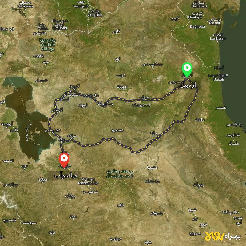 مسافت و فاصله میاندوآب - آذربایجان غربی تا اردبیل از 2 مسیر - مسیریاب بهراه