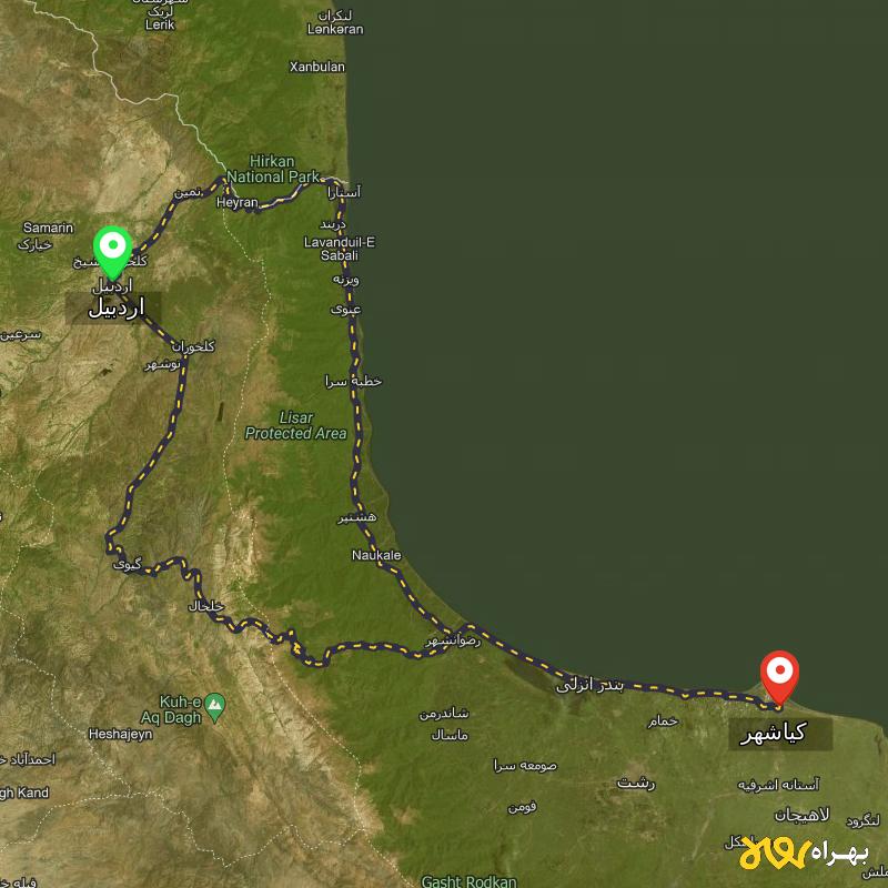 مسافت و فاصله کیاشهر - گیلان تا اردبیل از 2 مسیر - مسیریاب بهراه