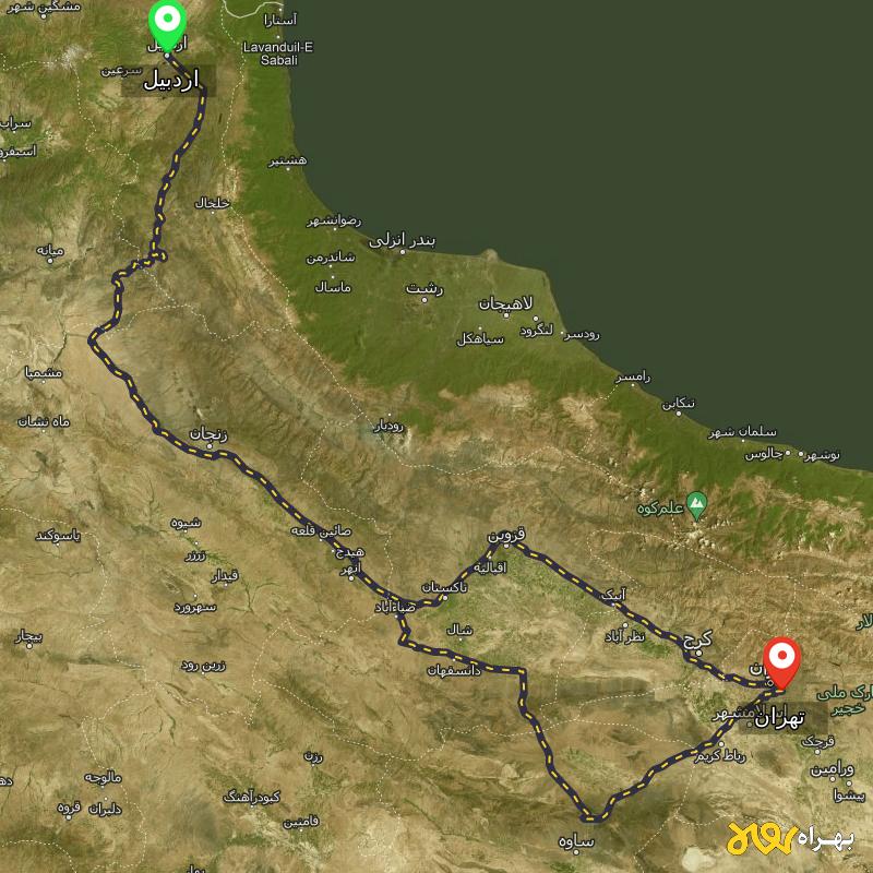 مسافت و فاصله تهران تا اردبیل از 2 مسیر - مسیریاب بهراه
