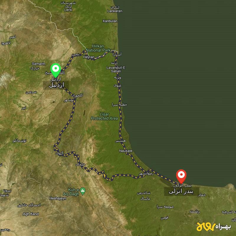 مسافت و فاصله بندر انزلی تا اردبیل از ۲ مسیر - مرداد ۱۴۰۳