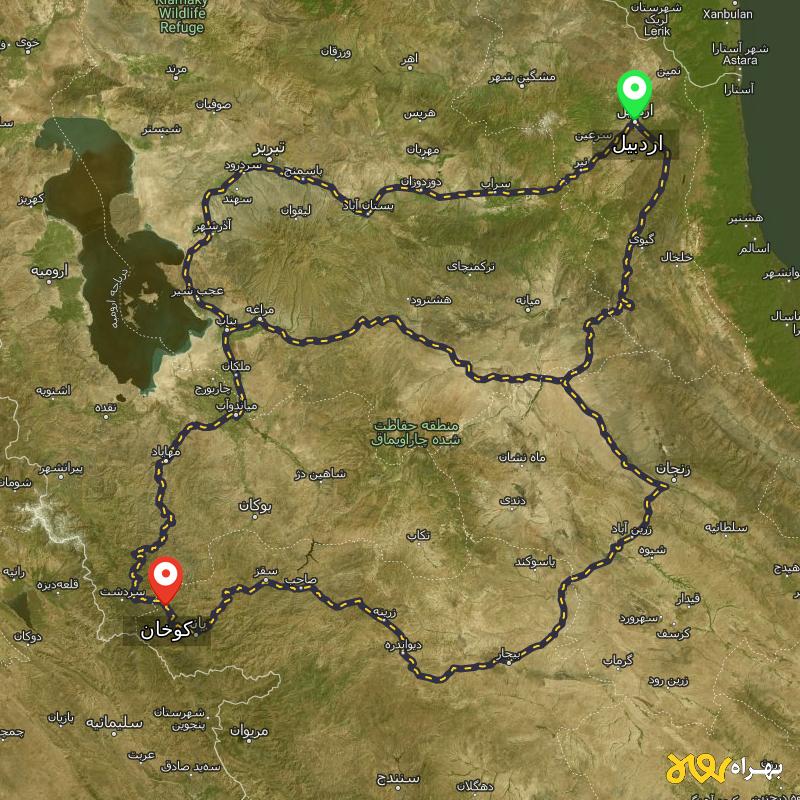 مسافت و فاصله کوخان - کردستان تا اردبیل از ۳ مسیر - مرداد ۱۴۰۳