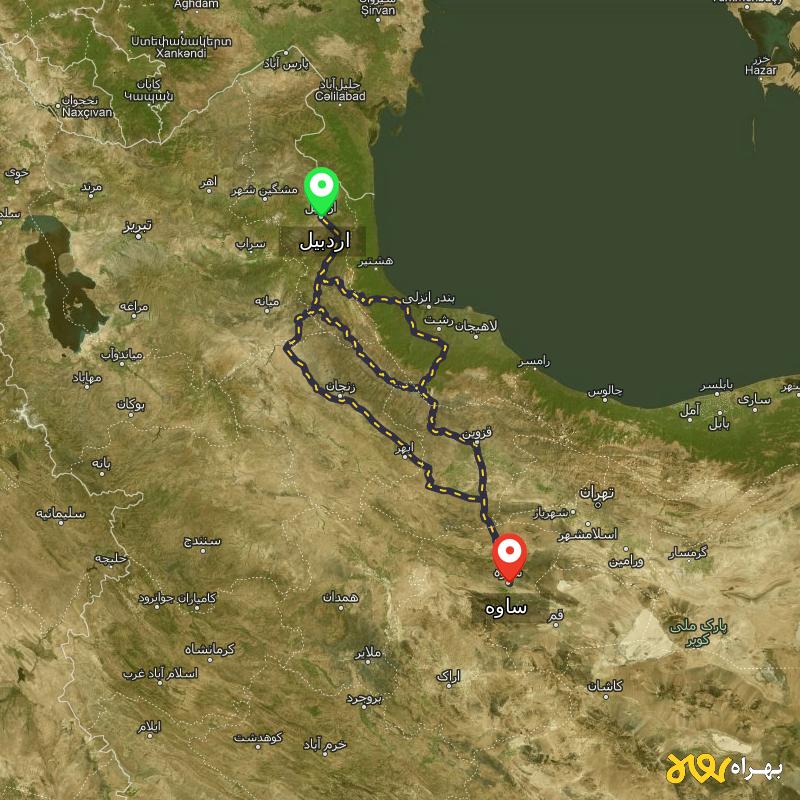 مسافت و فاصله ساوه تا اردبیل از ۳ مسیر - مرداد ۱۴۰۳