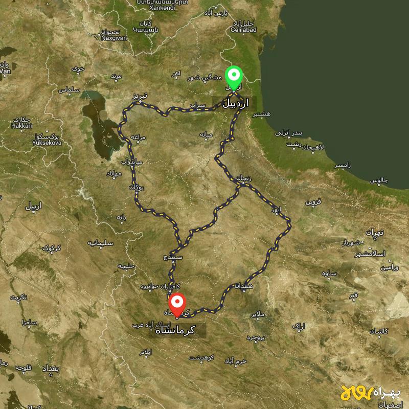 مسافت و فاصله کرمانشاه تا اردبیل از ۳ مسیر - مهر ۱۴۰۳