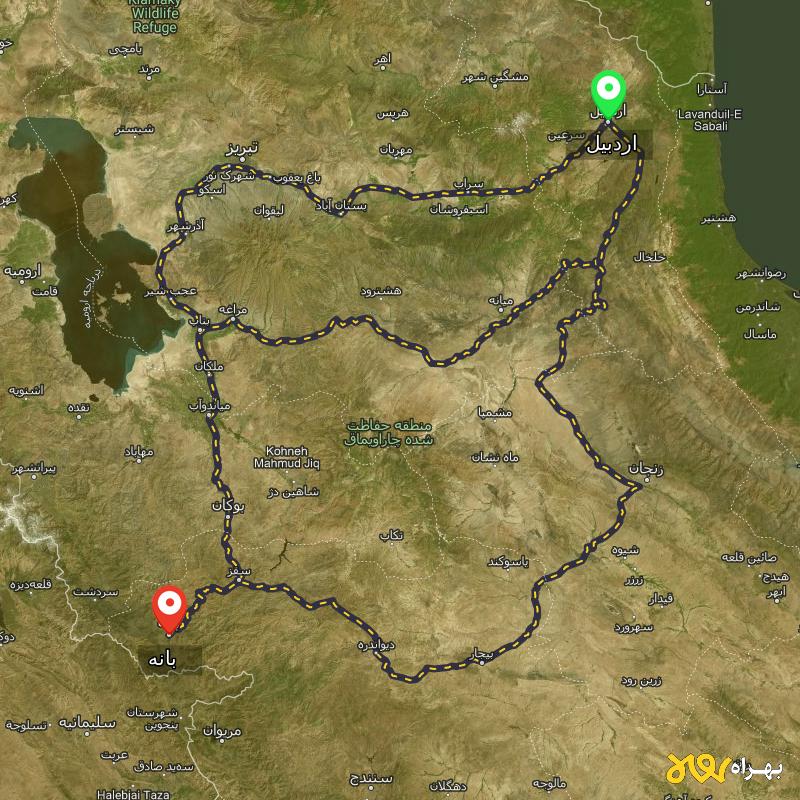 مسافت و فاصله بانه - کردستان تا اردبیل از ۳ مسیر - اردیبهشت ۱۴۰۳