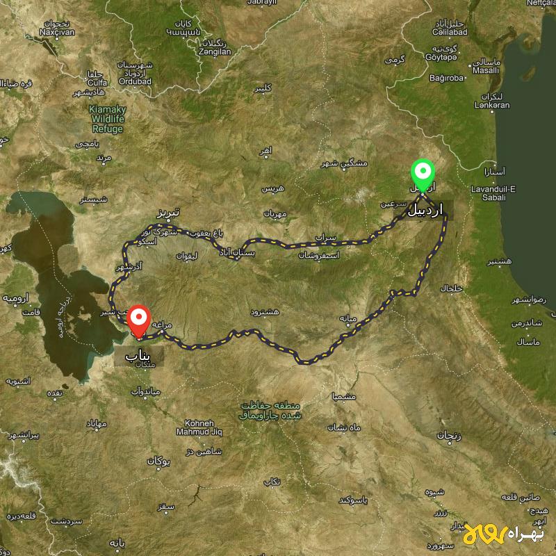 مسافت و فاصله بناب - آذربایجان شرقی تا اردبیل از ۲ مسیر - مهر ۱۴۰۳