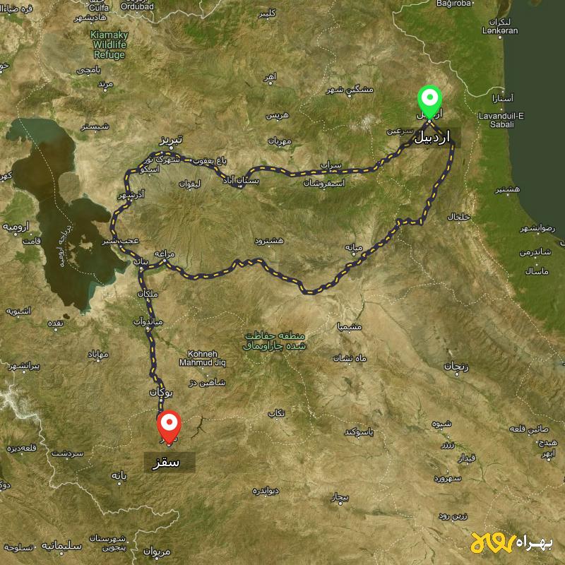 مسافت و فاصله سقز - کردستان تا اردبیل از ۲ مسیر - مرداد ۱۴۰۳