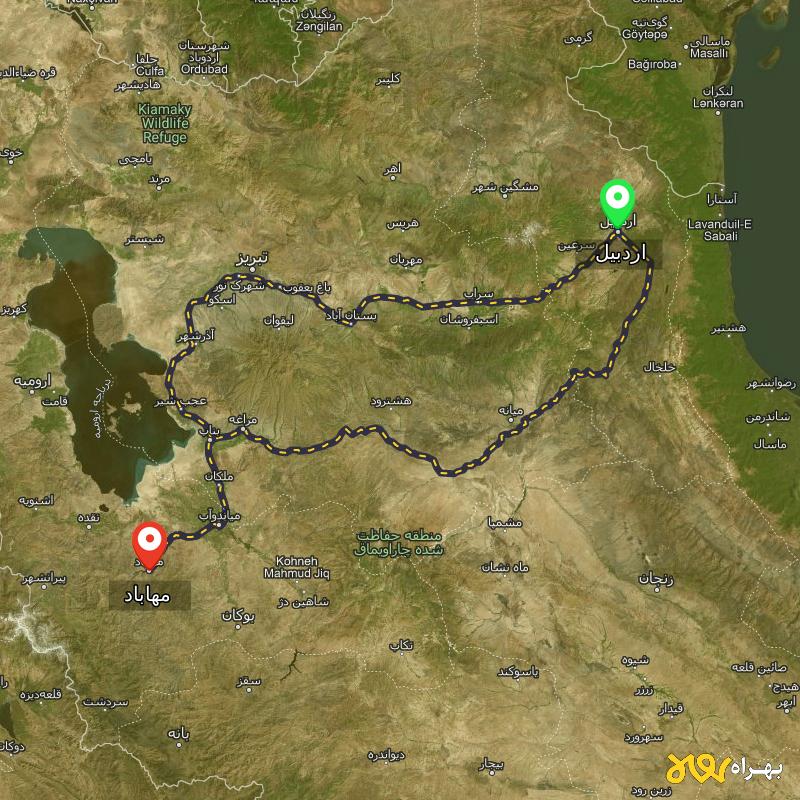 مسافت و فاصله مهاباد - آذربایجان غربی تا اردبیل از 2 مسیر - مسیریاب بهراه