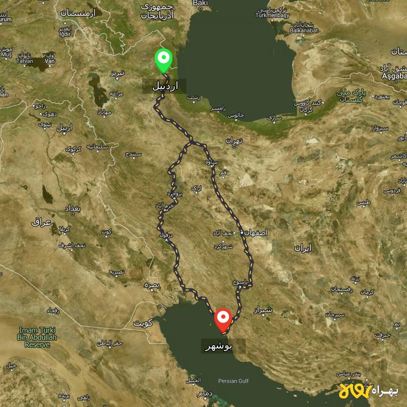 مسافت و فاصله بوشهر تا اردبیل از ۲ مسیر - مرداد ۱۴۰۳