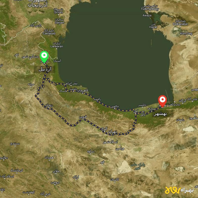 مسافت و فاصله بهشهر - مازندران تا اردبیل از ۲ مسیر - آذر ۱۴۰۳